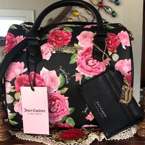 NWT Juicy Couture Black Romantic Floral Satchel/Crossbody w/ Card Slots/ Wallet